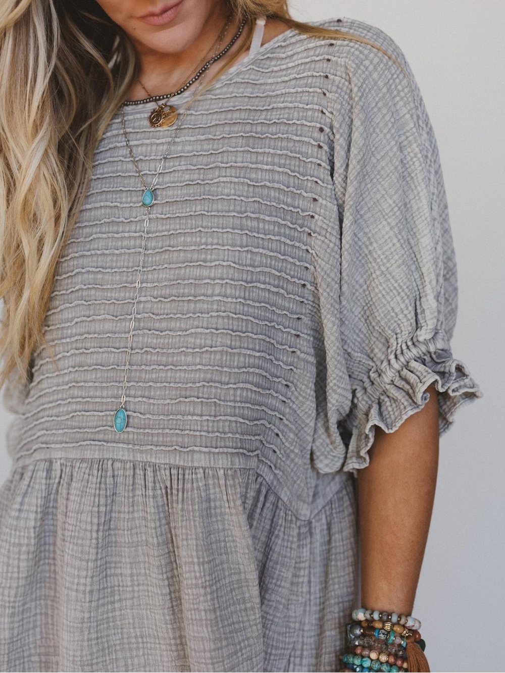 Three Bird Nest Quinn Puff Sleeve Smocked Cotton Gauze Boho Mini Dress in Ash - Picture 5 of 15